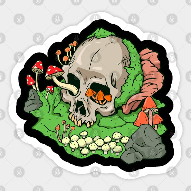 Skull mushrooms and moss - Aestethic Goblincore Sticker by Modern Medieval Design